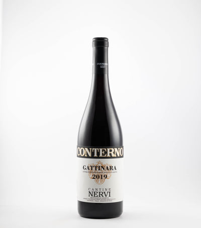 A bottle of 2020 Conterno Nervi Gattinara wine with a white label on a clear background.