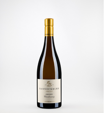 Bottle of Bannockburn Grigsby  Chardonnay wine on a white background