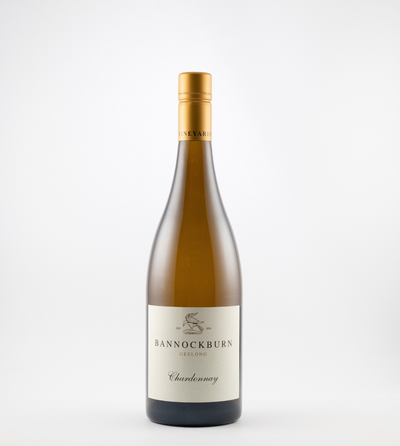 A bottle of 2024 Bannockburn Chardonnay with a white label, gold foil top, and a clear display of the wine's color.