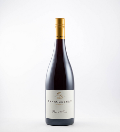 A bottle of 2024 Bannockburn Pinot Noir wine with a label that includes the brand name and the type of wine. The bottle is displayed against a white background.