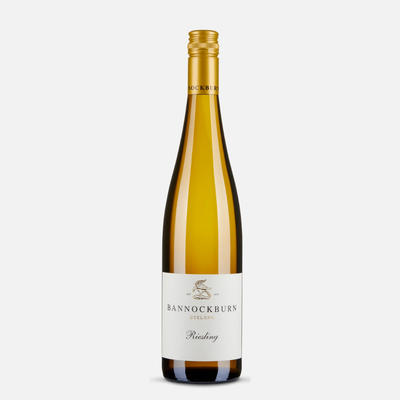 Bottle of Bannockburn Riesling wine on a white background