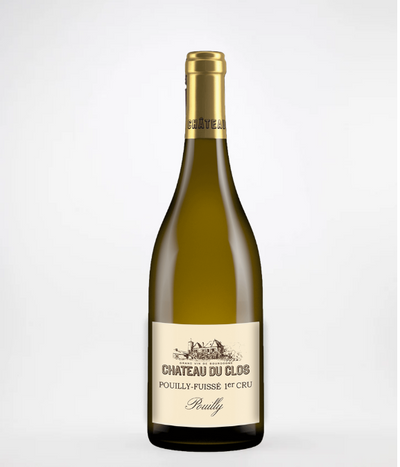 A bottle of 2022 Chateau du Clos Pouilly Fuisse 1er Cru wine with a bright yellow label, text, and a gold foil top.