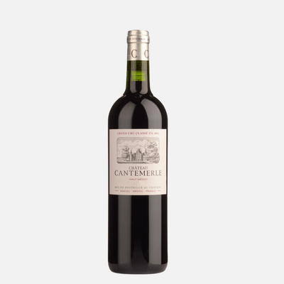 Bottle of Chateau Cantemerle wine on a white background