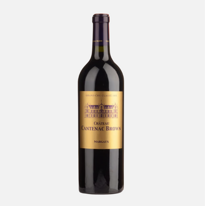 Wine bottle with 'Chateau Cantenac Brown' label on a white background