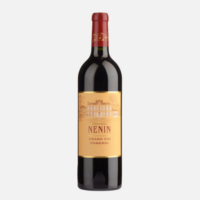 Wine bottle with 'Chateau Nenin Pomerol' label on a white background