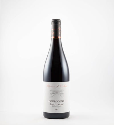 A bottle of 2023 Domaine de l'Aste Bourgogne Pinot Noir wine with a label indicating its origin and variety.