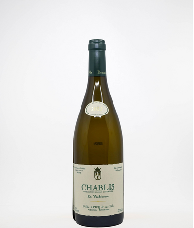 Bottle of 2023 Picq Chablis En Vaudécorce wine with a white label on a clear background.