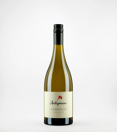 A bottle of 2023 Holyman Chardonnay wine with a label that includes the brand name and the variety of the wine.