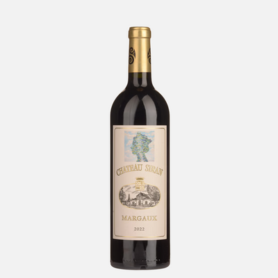 Wine bottle with a Siran Margaux  label on a white background