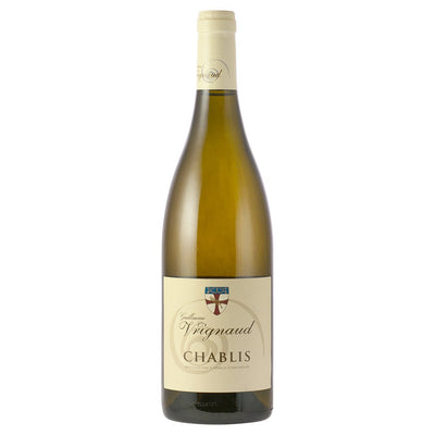 Bottle of 2021 Vrignaud Chablis wine with a white label.